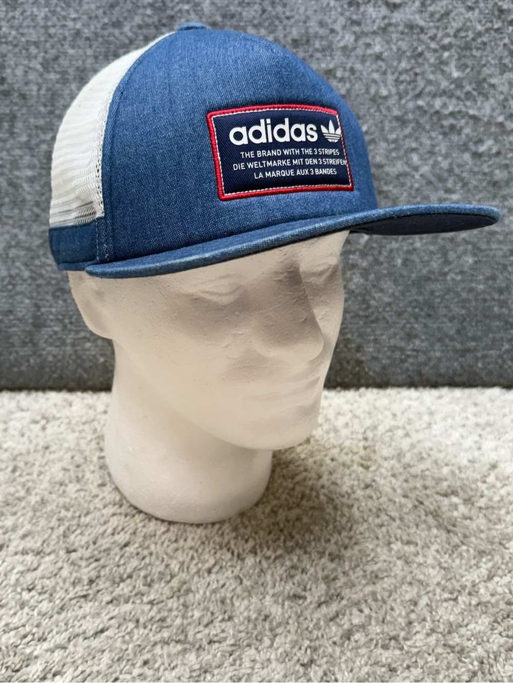 Adidas Originals Blue Denim Trucker Hat Mesh Snapback Cap Trefoil Logo Patch